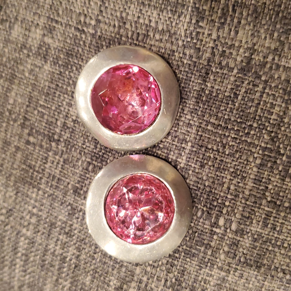VINTAGE Tancer clip silver earrings with pink glass crystal